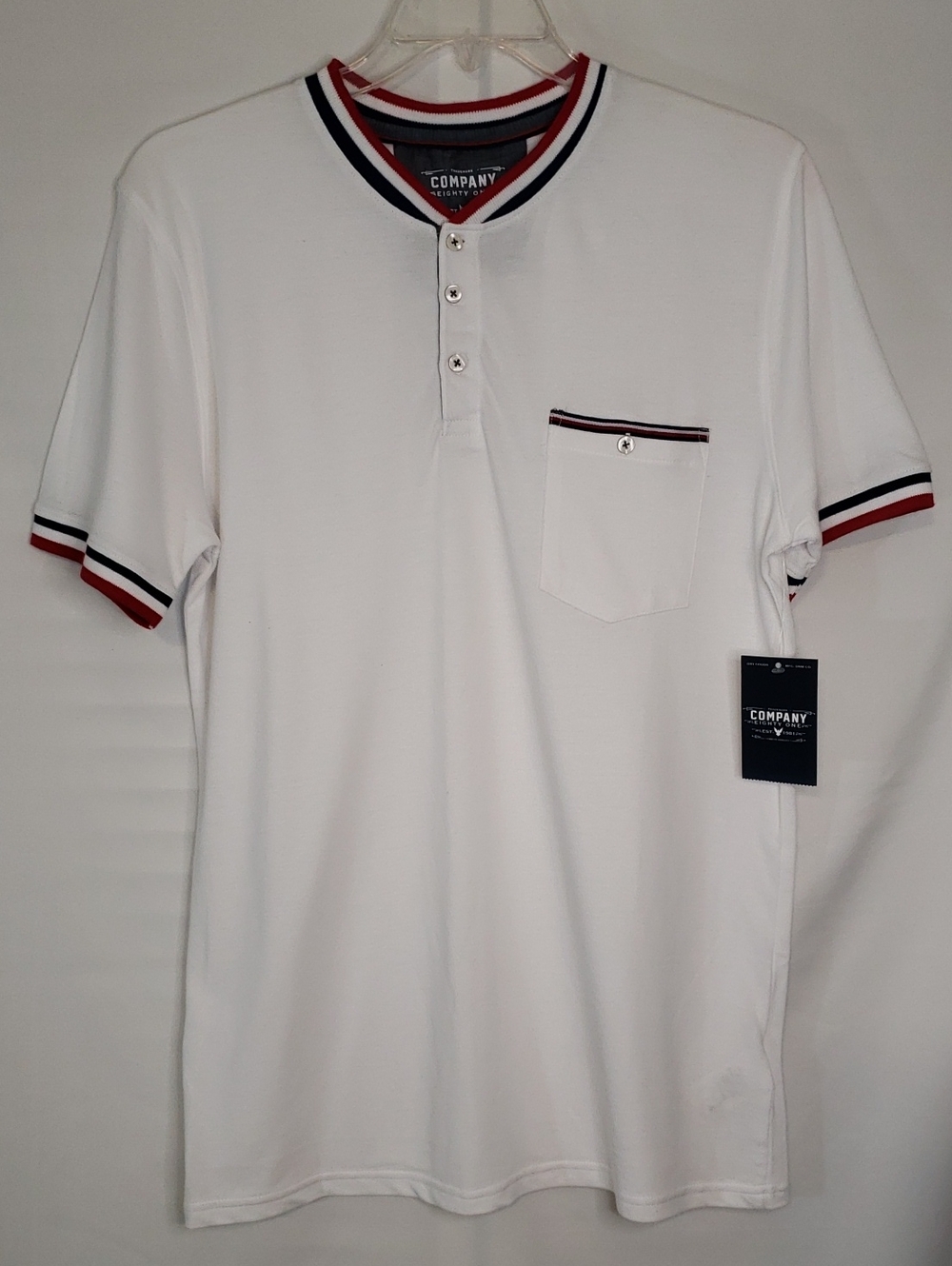 Company 81 White Short-Sleeve Henley with Red & Navy Trim, Large